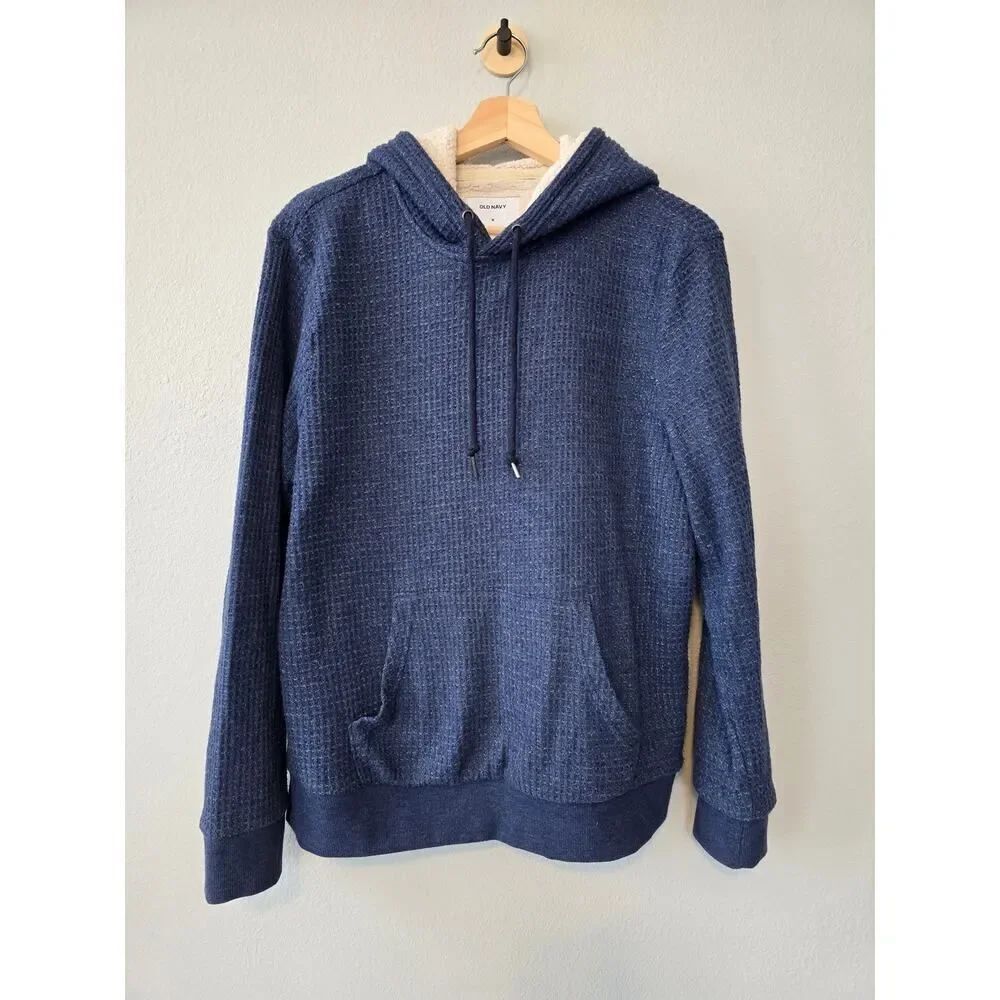 Old Navy Blue Sherpa‑Lined Hoodie Sweatshirt Men M Cozy Winter Pullover Workwear